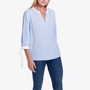 NWT Tommy Hilfiger Striped Tie-Sleeve Cotton Blouse Tunic Top L